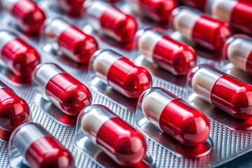 Detailed View of Red and White Medication Capsules in Foil Blister Packaging Perfect for Pharmaceutical Product