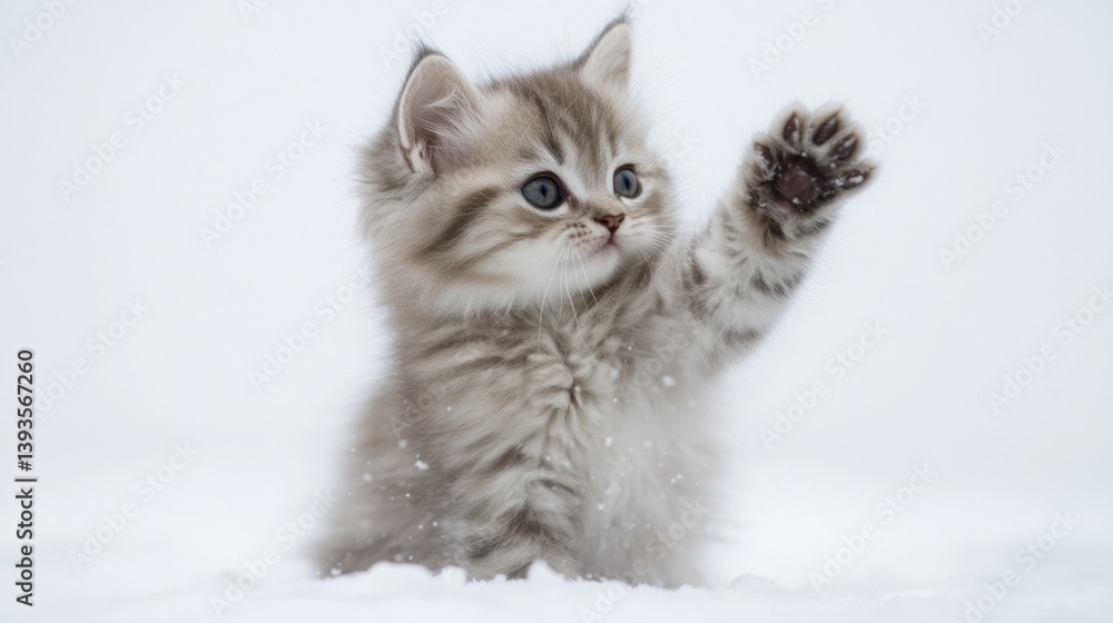 Poster Fluffy kitten playfully raising one paw in a minimal setup with a white background that enhances its cuteness and charm