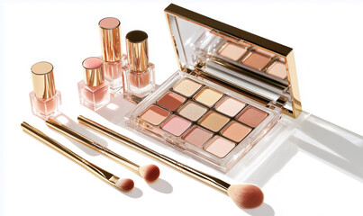 Beauty still life with cosmetic items in soft pink and gold tones,