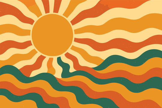 Vibrant retro sunburst and waves theme for creative summer design projects