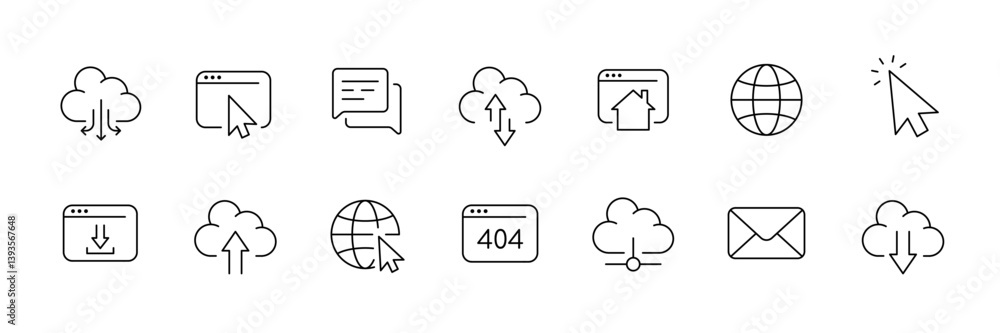 Poster cloud computing icon set: linear style with download, internet, and messaging icons