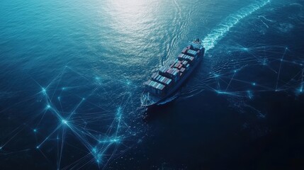 Fototapeta premium Container ship at sea with digital network links, digital trade network connection concept, global shipping industry. 