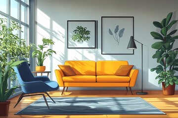 Modern Living Room Interior: Orange Sofa & Blue Chair with Natural Light, Indoor Plants, and Contemporary Art for a Cozy Atmosphere
