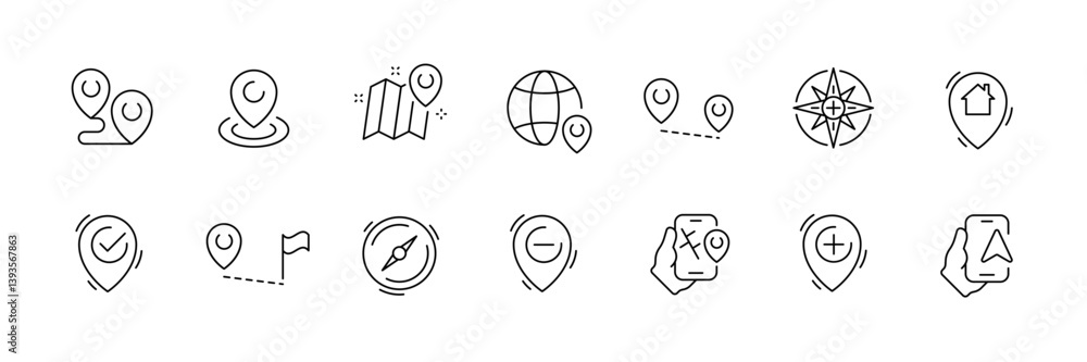 Poster navigation and location linear icon set: routes, maps, and wayfinding symbols