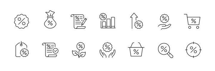 Linear icon set: discounts, sales, and percentage themes for e-commerce