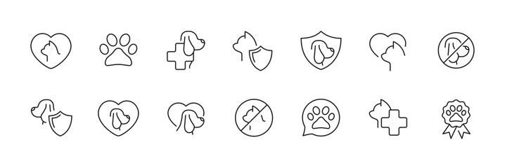 Linear pet care icon set: veterinary, grooming, safety, and health symbols