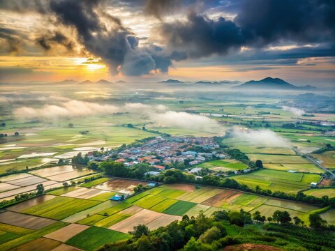 Stunning Panoramic View of Tay Ninh Rice Paddies Lush Green Terraces and Picturesque Villages Unveiled