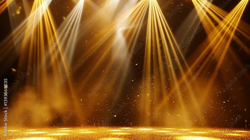 Poster dynamic stage lights illuminate sparkling performance with golden beams, creating exciting atmospher