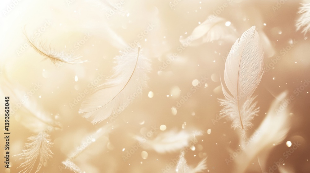 Leinwandbilder floating feathers and sparkles create a dreamlike atmosphere on creamy background with gentle, soft 