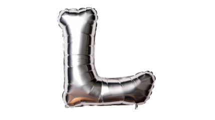 Silver balloon in the shape of the letter L on black background, cut out transparent