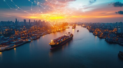 Naklejka premium Container ship at sea with digital network links, digital trade network connection concept, global shipping industry. 