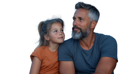 Father and daughter looking at each other with affection on transparent background