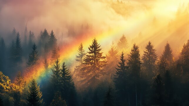 Colorful rainbow over misty forest