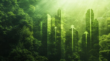 Green city growth concept; upward arrows overlaid on a lush forest backdrop symbolizing sustainable development and environmental progress.