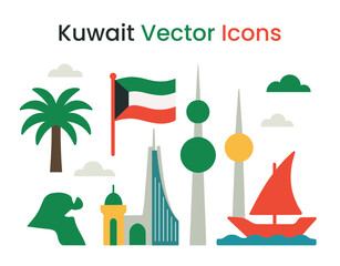 Flat vector illustration of Kuwait landmarks and symbols including Kuwait Towers, national flag, dhow boat, skyline buildings, mosque, palm tree, and map silhouette in colorful icon style