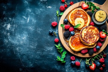 Delicious pancakes topped with fresh berries and banana slices are arranged on a wooden cutting board, creating a colorful and enticing breakfast presentation
