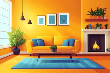 Modern Interior Design: Vibrant Living Room with Bold Orange Sofa, Cozy Fireplace, and Elegant Wall Art