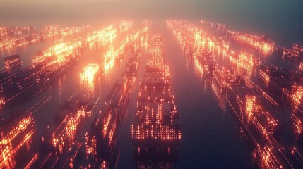 Fototapeta premium Container ship at sea with many digital network link icons on top of beautiful ship. 