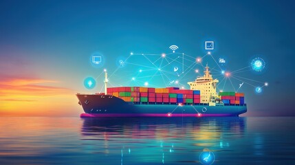 Container ship at sea with many digital network link icons on top of beautiful ship. 