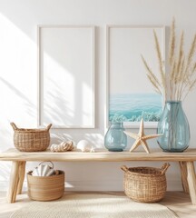Fototapeta premium Coastal living room decor. Sun-drenched, serene, light and airy space with a natural theme
