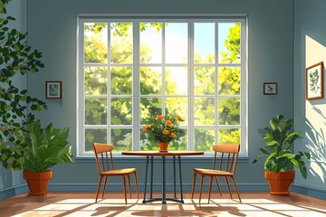 Modern Interior Design with Furniture and Plants: Bright Living Space with Natural Light and Greenery