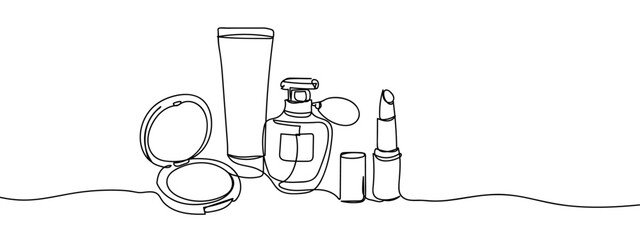 Continuous line, cosmetic set, powder puff, perfume, lipstick line art vector illustration with white background editable stroke.