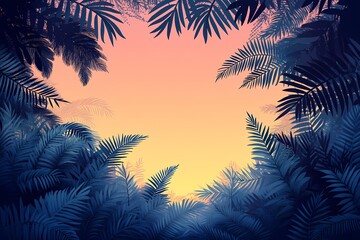 Tropical Sunset Silhouettes: Vibrant Jungle Foliage in a Serene Exotic Landscape