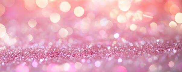 Fototapeta premium Dreamy, pastel-colored abstract background with bokeh effects. It features a gradient of soft blue and pink hues with glittering particles and blurred light spots across the surface.