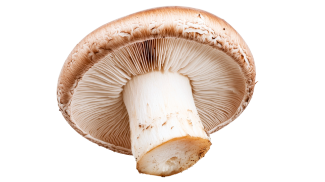 Portobello mushroom close-up underside view, raw fungus, isolated, cut out transparent