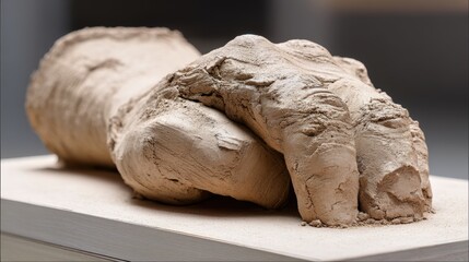 Fototapeta premium Fitness motivation routine transformation concept. A sculpted hand partially buried in ash, showcasing intricate details and textures.
