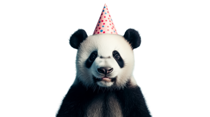 Happy panda with festive hat, cheerful celebration, cut out transparent