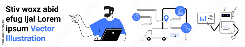 Aufkleber man working on laptop, connected logistics network, robotic automation analyzing data. ideal for tec