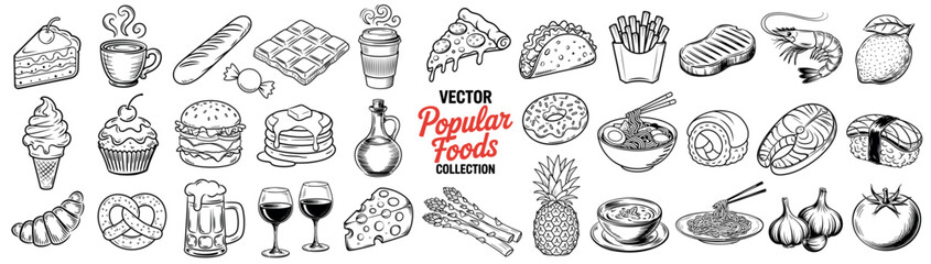 Popular food icons, vector illustration, hand-drawn style. Includes cakes, drinks, seafood, and sushi, fast food. For menus, advertisements, culinary designs