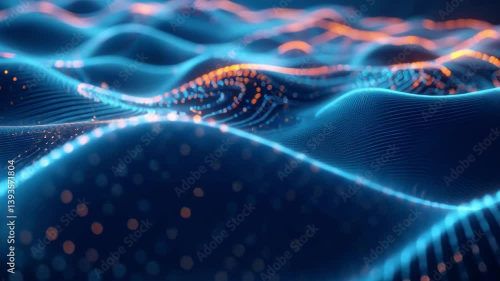 Poster mesmerizing abstract digital waves futuristic background of glowing blue and orange dots creating de