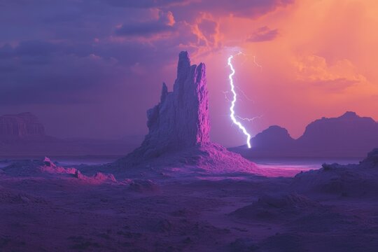 A lone rock formation in a purple desert landscape is struck by a lightning bolt during a vibrant sunset.