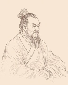 Minimalist Linedrawing of Mozi Against a Soft Beige Background