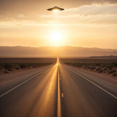 UFO Over Desert Highway at Sunset - Futuristic Alien Encounter in Vast Landscape with Golden Light