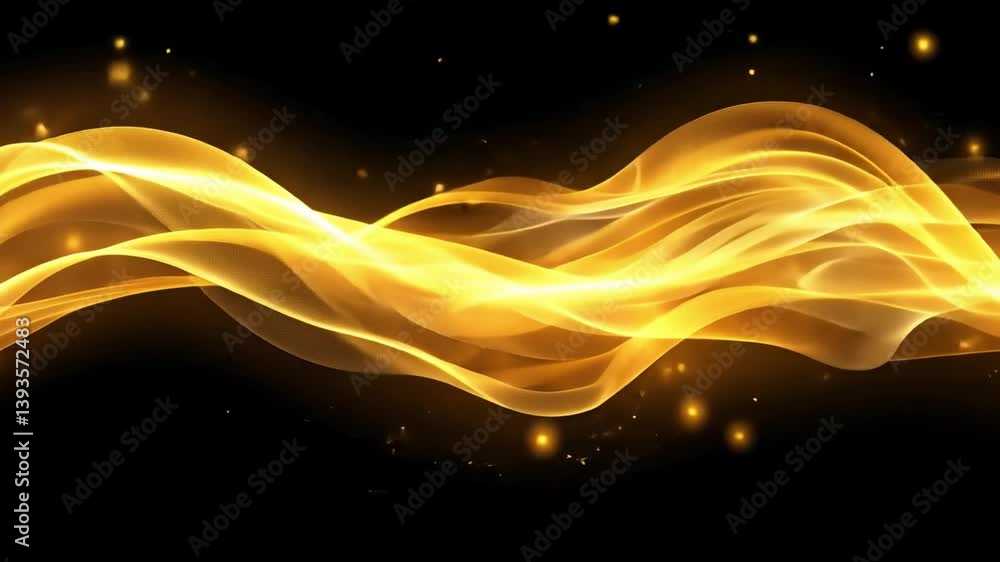 Poster golden wave abstract design with flowing lines and sparkling lights creates mesmerizing elegance and