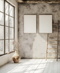 Rustic modern interior with large windows and empty frames