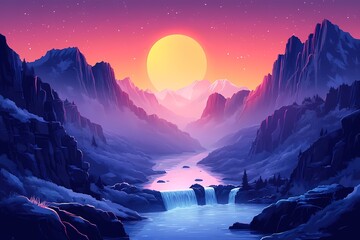 Majestic Sunset Waterfall in Mountains: Serene Landscape & Vibrant Colors