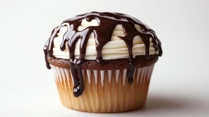 Decadent chocolate cupcake with creamy white frosting and rich dark chocolate drizzle. A sweet treat beautifully presented