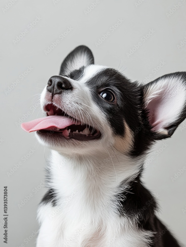 Poster playful corgi puppy with tongue out in bright white studio setting displaying joy and liveliness