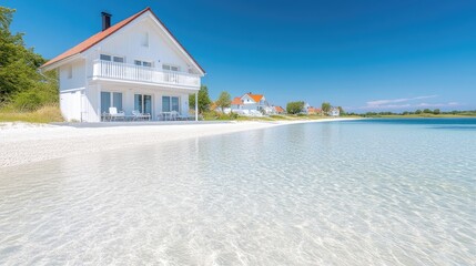 Beach House Lakeside Vacation Rental Bright Modern Style High Resolution Vivid Lighting Wide Angle Sandy Beach Setting Relaxation Getaway Calm Coastal Tones Perfect for Travel Websites