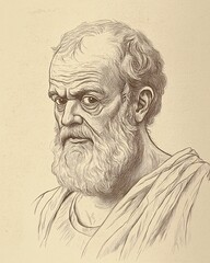 Fototapeta premium Aged Philosopher Thales of Miletus with Deep-Set Eyes in Line Art Style
