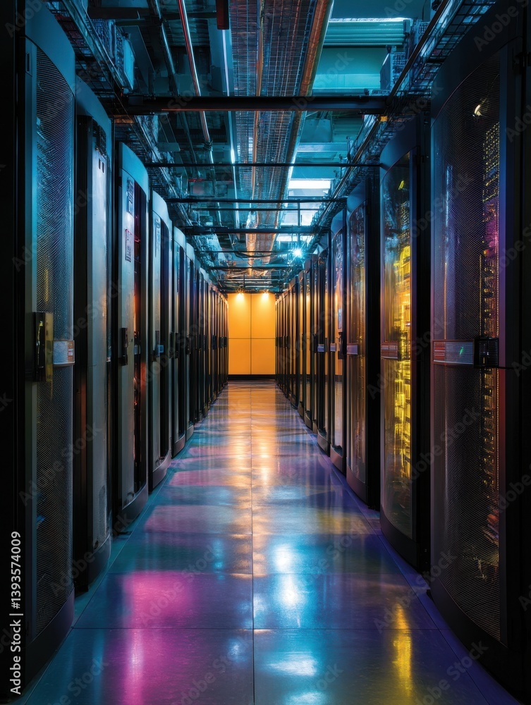 Poster rows of high-performance servers illuminate the data center, supporting the infrastructure that enab