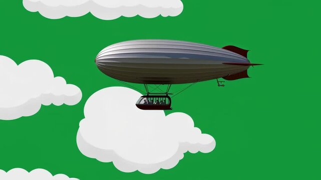 Vintage silver zeppelin gliding through stylized green screen sky, drifting past cartoon style clouds with nostalgic, dreamlike atmosphere