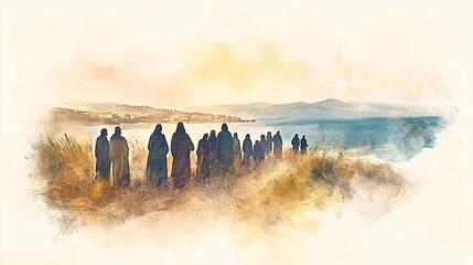 Watercolor Illustration of Jesus Calling His Disciples by the Sea of Galilee