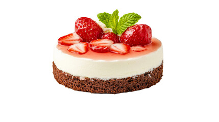 Cake with strawberries, mint and jelly topping on black background, cut out transparent