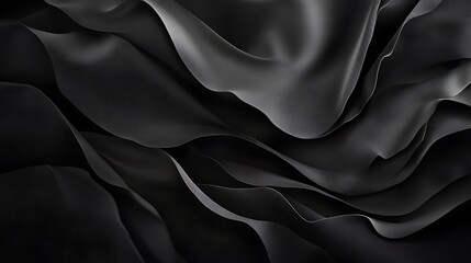 Abstract black texture with flowing waves and folds creating a sense of depth and movement showcasing a rich visual warmth and elegance