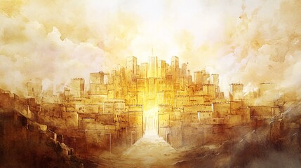 Fototapeta premium Dreamlike Watercolor Art of the Heavenly New Jerusalem Cityscape